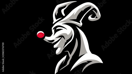 Smiling jester profile illustration on black background for design projects