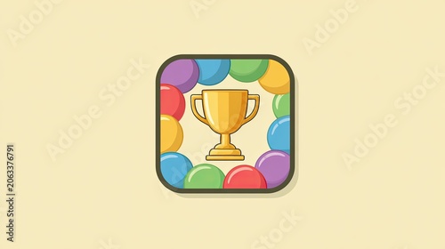 Trophy icon surrounded by colorful bubbles on a light background