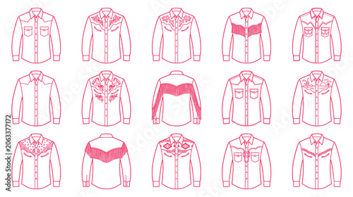 Bild auf Leinwand Western shirt line art set with fringes, embroidery and patterns.