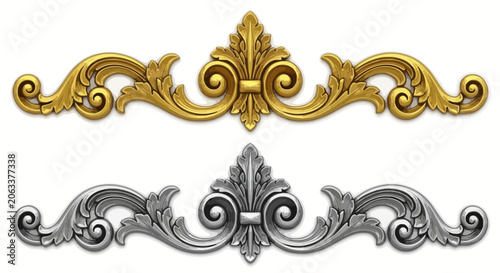 Cuadro en lienzo Vintage gold and silver baroque scroll ornaments, ornate 3D filigree border elem