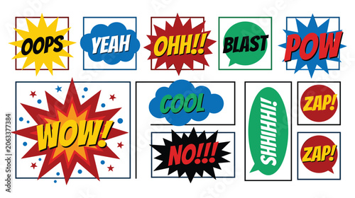 Photos Comic book speech bubbles and sound effects explosion shapes with colorful text elements