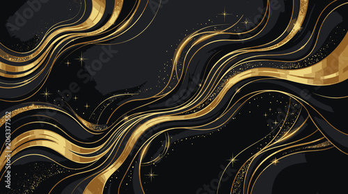 Golden wavy lines on black background.