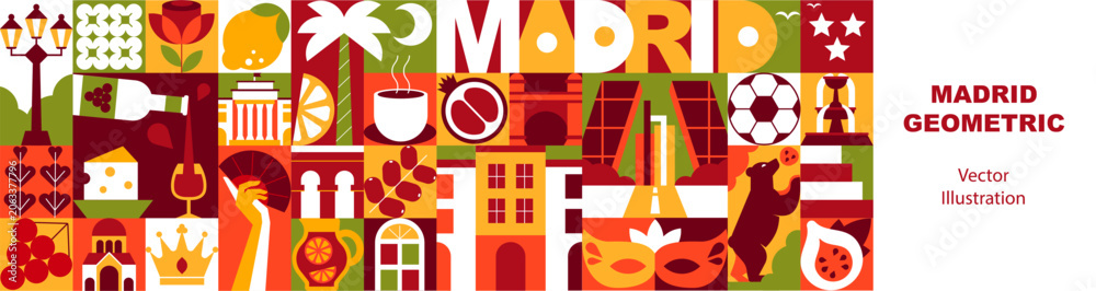 Obraz premium Madrid Seamless Pattern and Banner. Creative Mosaic Illustration, Typography Design