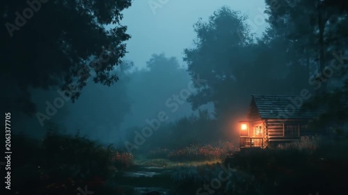 Foggy night view of a cabin with warm light in forest