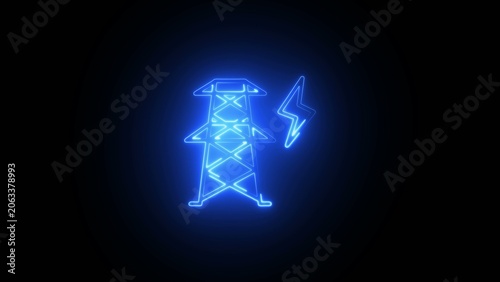 Photos Neon blue glowing electricity pylon with lightning bolt on a dark Generate title without using the word Title: before it