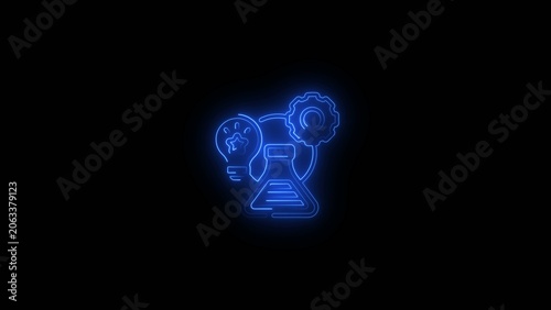 Neon blue glowing of a light bulb with brain gears and beaker symbolizing innovation and science lightbulb Generate title without using the word 