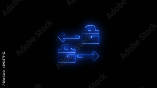 Φωτογραφία Neon blue glowing of two briefcases with bidirectional arrows on a dark Generate title without using the word Title: before it