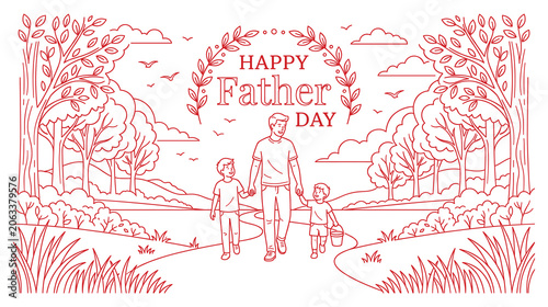 Tablou pe pânză Father day line art scene with dad and children walking through park forest landscape art