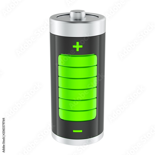 Fully charged green battery with energy level indicator. 3D rendering