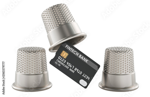 Fintech bank card hidden under thimbles, fraud concept. 3d rendering