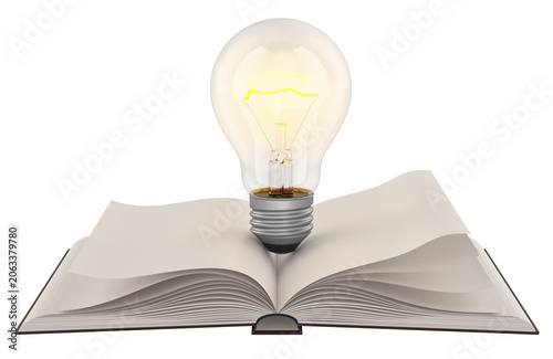 Open book with glowing light bulb, knowledge concept. 3d rendering