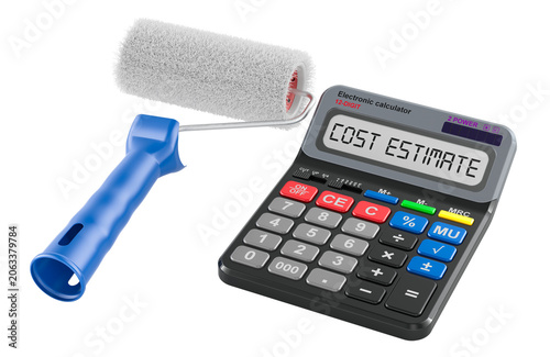 Paint roller and calculator. Cost estimate for renovation, concept. 3D rendering