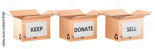Open cardboard boxes labeled keep, donate and sell for decluttering, moving and home organization, 3d rendering