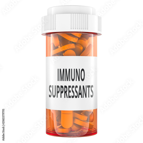 Immunosuppressants pill bottle, for immune suppression and medical therapy, 3d rendering