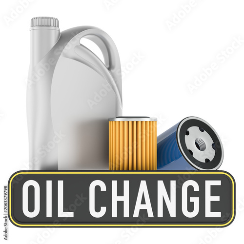 Motor oil change kit with canister, oil filter and funnel for car maintenance, 3d rendering