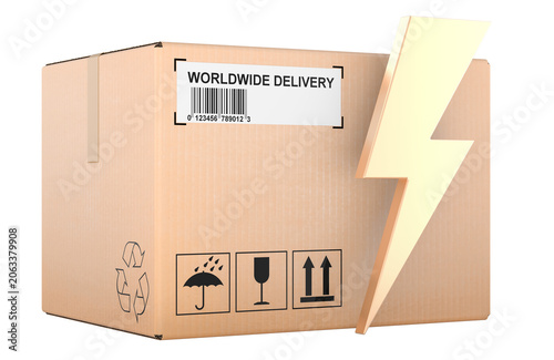 Cardboard shipping box with lightning bolt. Fast international shipping, concept. 3d rendering