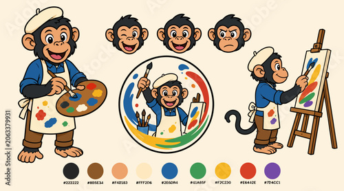 Photography Cartoon Monkey Painter with Art Supplies and Color Palette.