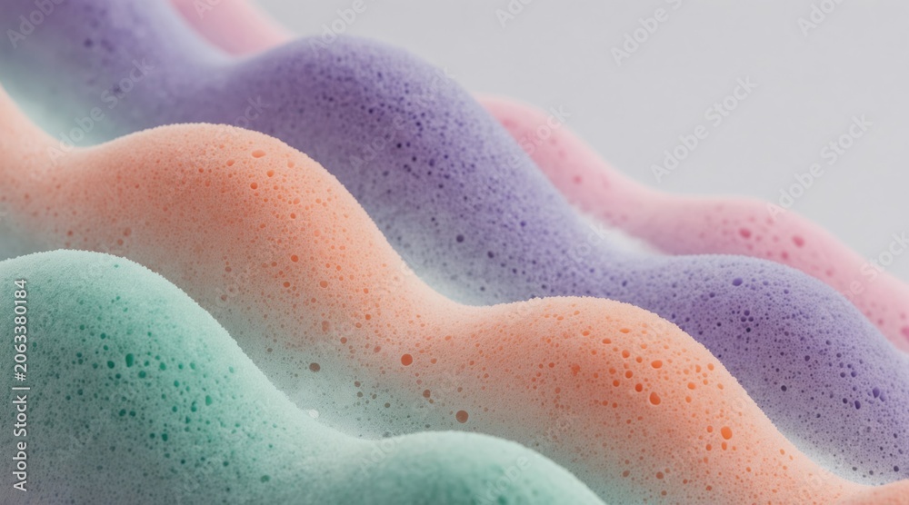 Obraz premium Soft pastel foam waves with air bubbles create dreamy abstract background. Gentle curves in mint, peach, purple, pink tones offer soothing aesthetic. Smooth gradient transitions form delicate light