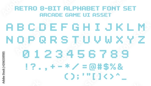 Retro 8 bit alphabet font set light blue pixel characters numbers symbols arcade game asset transparent background.