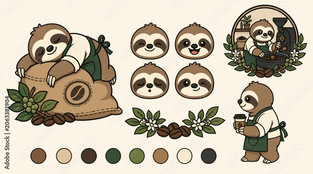 Naklejka premium Cute Sloth Characters Holding Coffee and Leaves.