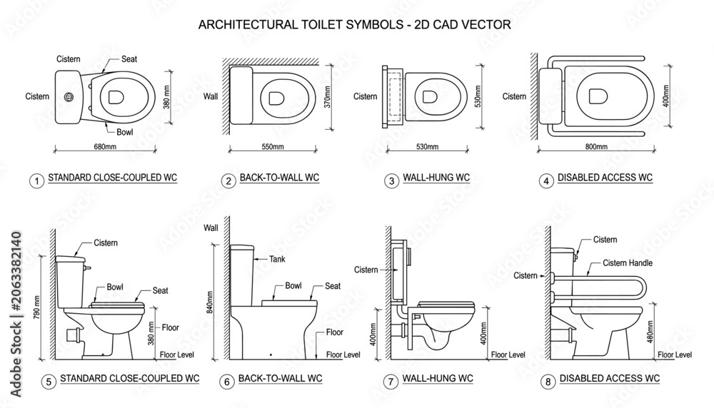 Naklejka premium Architectural toilet symbols 2d cad vector line drawings of different types standard close coupled wall hung and disabled access.