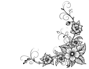 Black and white floral design with swirling vines and detailed petals forms an elegant corner border
