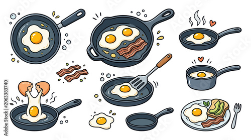 Quadro su tela Breakfast Cooking: Fried Eggs and Bacon in Skillets, Cartoon Style