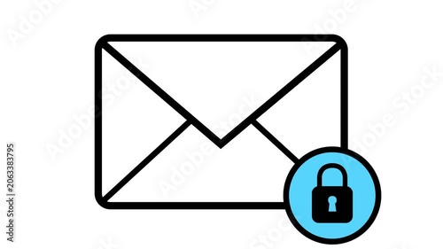 Secure email icon animation. Envelope features a bottom-right blue badge with a padlock, illustrating encrypted mailing, safe communication, and data protection.