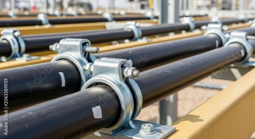 Black metal pipe mounted on metal frame with clamp for industrial use