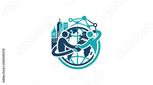 Bild auf Leinwand Globe with person and cityscape logo.