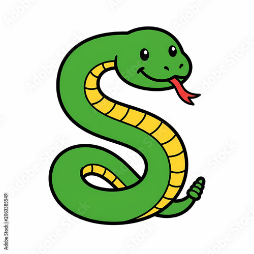 Snake character formed into the shape of a capital letter S displays vibrant green scales and yellow underbelly texture on a plain white backdrop.