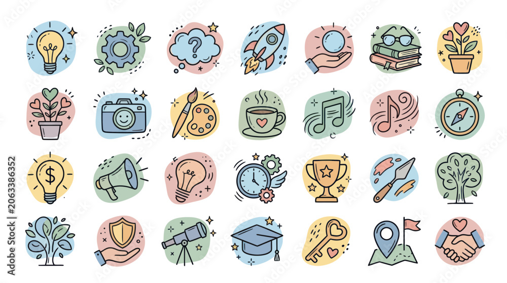Fototapeta premium Creative Ideas and Innovation Icons Set: Lightbulb, Rocket, Gear, Brainstorming, Success