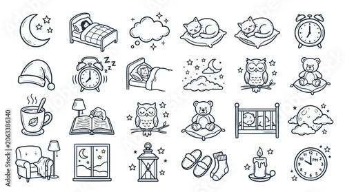 Foto Cozy Sleep and Night Icons Set: Bed, Moon, Stars, Owl, Cat, Teddy Bear, Alarm Cl