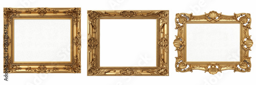Fotografi Set of blank ornate antique gold picture frame elegant vintage wooden border for museum art gallery display isolated on a transparent background, png