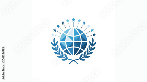 Abstract Global Globe Logo with Laurel Wreath and Stars
