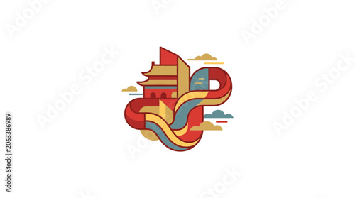 Abstract Great Wall of China and Temple Vector Illustration