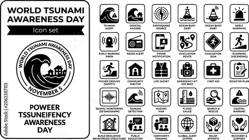 World Tsunami Awareness Day Icon Set Early Warning Coastal Evacuation Disaster Preparedness Seismic Monitoring Vector Illustration