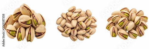 Set of roasted pistachios with cracked shells healthy organic nut snack culinary ingredient for baking and diet isolated on a transparent background, png.