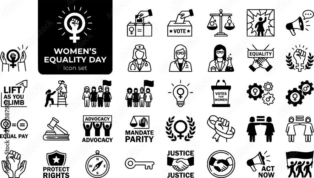 Fototapeta premium Womens Equality Day Icon Set Voting Rights Gender Parity Women Empowerment Workplace Equality Social Progress Vector Illustration