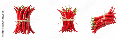 Set of fresh spicy red chili peppers tied with a rustic string bunch organic culinary cooking ingredient isolated on a transparent background, png asset.