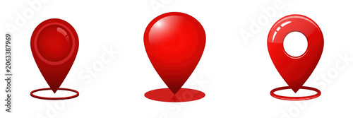 Set of 3D glossy red location marker map pin for digital gps tracking navigation point drop icon isolated on a transparent background, creative png asset.