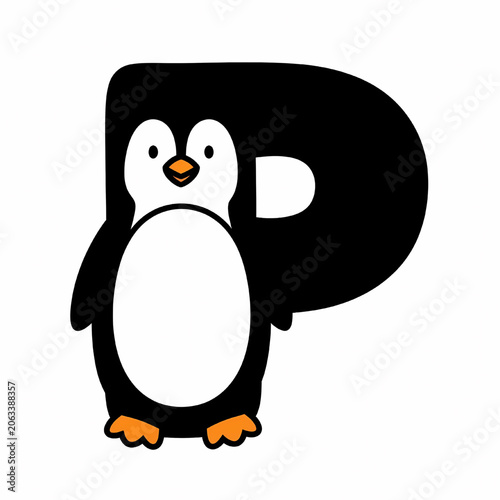 Penguin character forms the letter P in a bold black and white minimalist graphic style design.