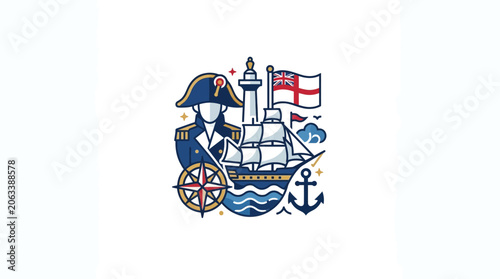 Fotografie Admiral and Sailing Ship Nautical Illustration