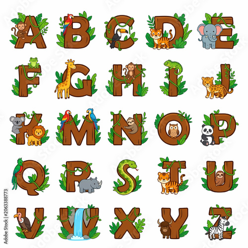 Alphabet series presents jungle animals integrated into wooden textured letters with lush greenery.