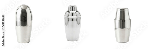 Bild auf Leinwand Set of classic stainless steel metal cocktail shaker bartender tool for mixing alcoholic beverages and drinks isolated on transparent background, png