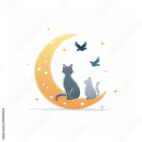 Blue owl on crescent moon with stars