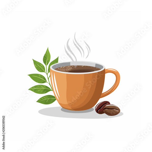 Coffee cup with beans and plant on white background