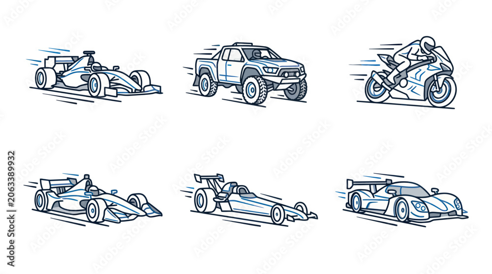 Naklejka premium Speeding Vehicles Collection: Formula 1, Motorcycle, Truck, Sports Car
