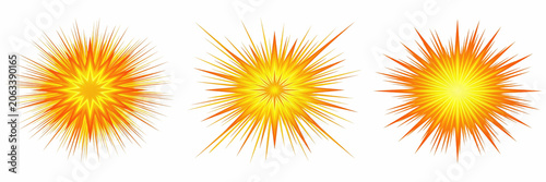 Set of explosive yellow starburst burst beam background graphic template with radial shining lines isolated on a transparent background, dynamic flash element PNG.