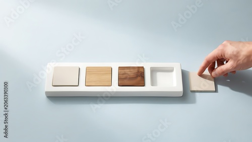 Hand placing a sample tile next to a selection of tiles on a white tray wood design